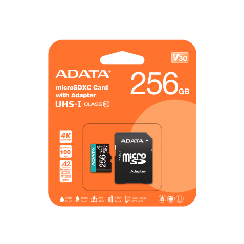 ADATA Premier Pro MicroSDXC 256 GB – UHS-I U3 Classe 10 V30, A2, Resistente Per Dash Cam E Android